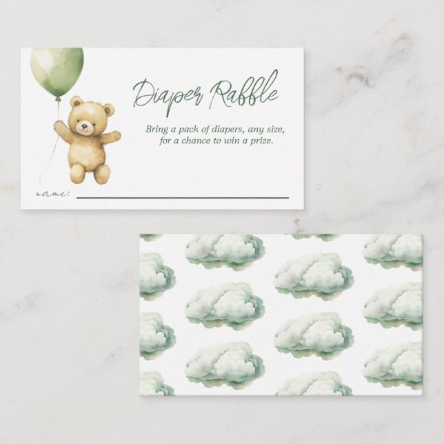 Teddy Bear Green Balloon Baby Shower Diaper Raffle Enclosure Card (Front/Back)