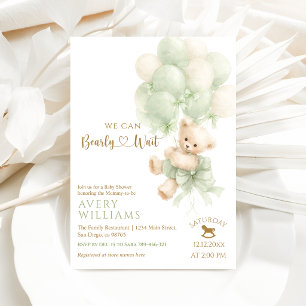 Teddy Bear Green Balloon Bow Neutral Baby Shower Invitation