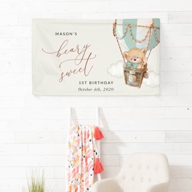 Teddy Bear, Green Balloon, First Birthday Welcome Banner (Insitu)