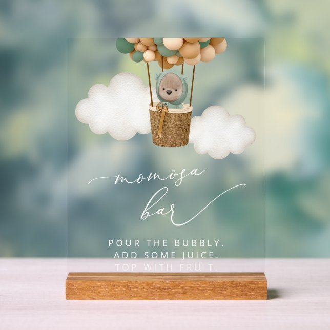 Teddy Bear, Green Balloons, Baby Shower Momosa Bar Acrylic Sign (Neutral)