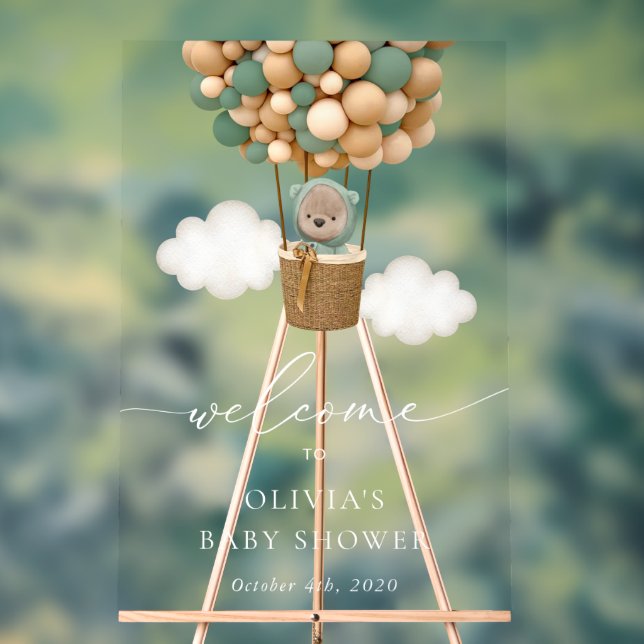 Teddy Bear, Green Balloons, Baby Shower Welcome Acrylic Sign (Neutral)