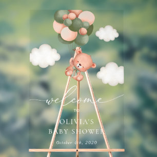 Teddy Bear, Green Balloons, Baby Shower Welcome Acrylic Sign