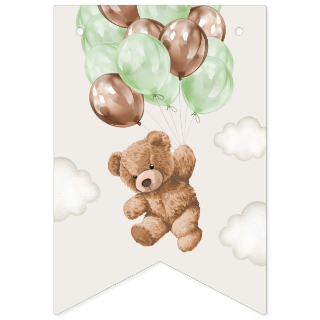 Teddy Bear, Green Balloons, First Birthday Bunting (First Flag)