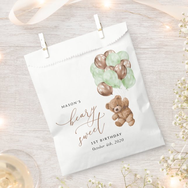 Teddy Bear, Green Balloons, First Birthday Favour Bags (Clipped)