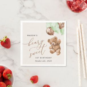 Teddy Bear, Green Balloons, First Birthday Napkin