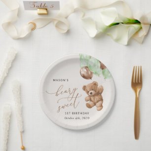 Teddy Bear, Green Balloons, First Birthday Paper Plate