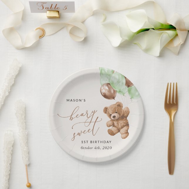 Teddy Bear, Green Balloons, First Birthday Paper Plate (Wedding)