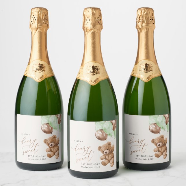 Teddy Bear, Green Balloons, First Birthday Sparkling Wine Label (Bottles)