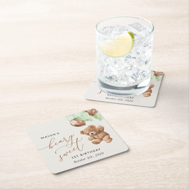 Teddy Bear, Green Balloons, First Birthday Square Paper Coaster (Insitu)