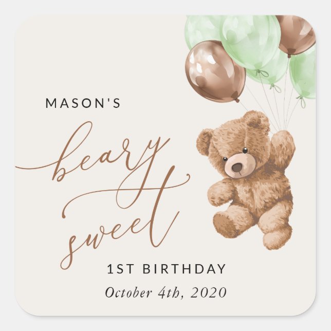 Teddy Bear, Green Balloons, First Birthday Square Sticker (Front)