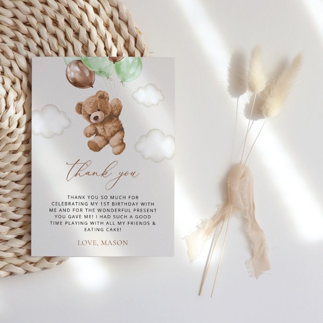 Teddy Bear, Green Balloons, First Birthday Thank You Card (Creator Uploaded)