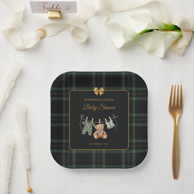 Teddy Bear Green Buffalo Check Paper Plate (Wedding)