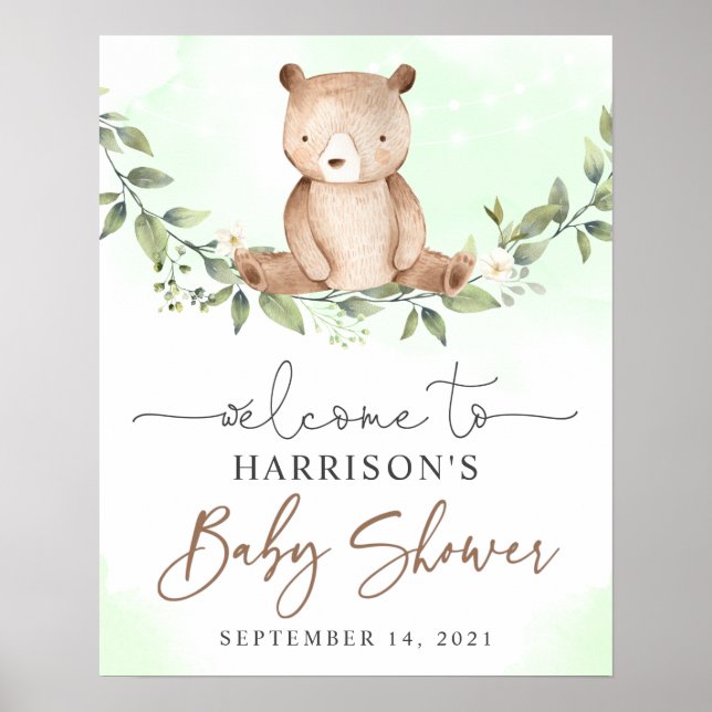 Teddy Bear Green Floral Baby Shower Welcome Sign (Front)