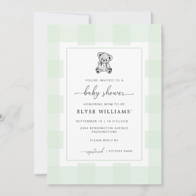 Teddy Bear Green Gingham Baby Shower Invitation (Front)