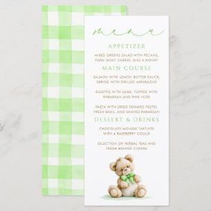 Teddy Bear Green Gingham Pattern Menu Cards
