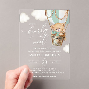 Teddy Bear, Green Hot Air Balloon, Baby Shower Acrylic Invitations