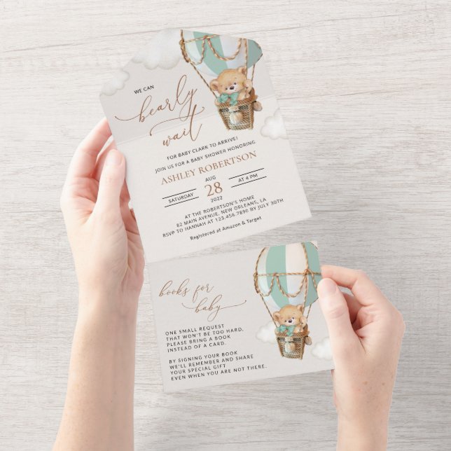 Teddy Bear, Green Hot Air Balloon, Baby Shower All In One Invitation (Tearaway)