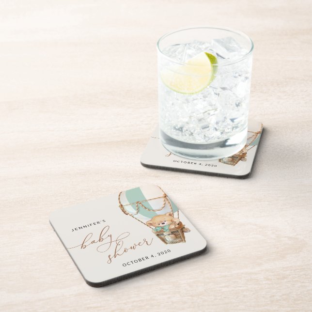 Teddy Bear, Green Hot Air Balloon, Baby Shower Coaster (Right Side)