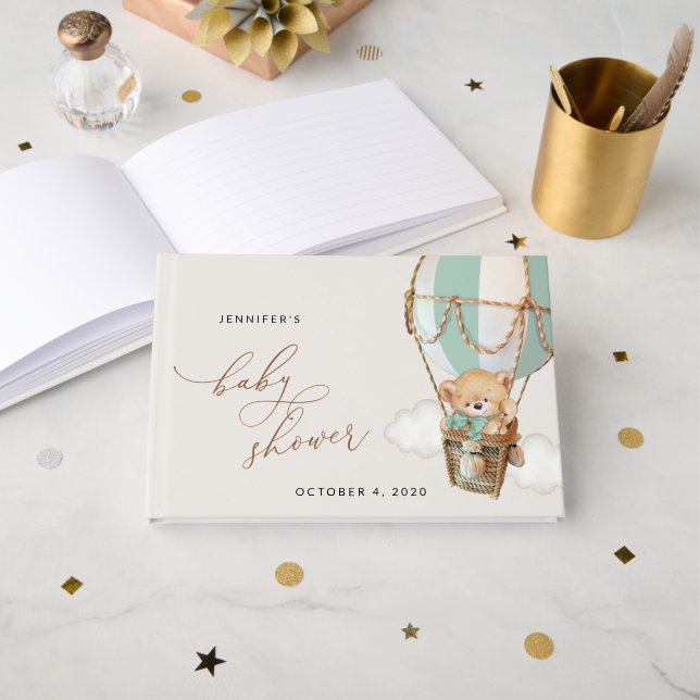 Teddy Bear, Green Hot Air Balloon, Baby Shower Guest Book (Front Open)