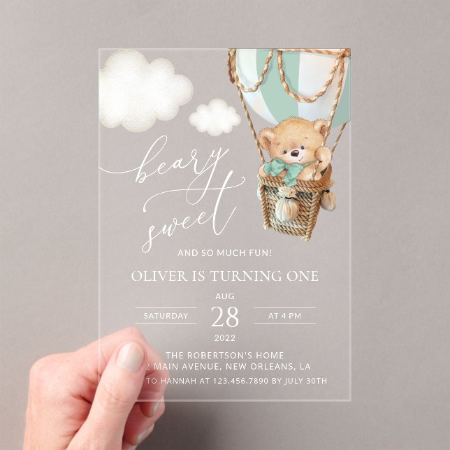 Teddy Bear, Green Hot Air Balloon, First Birthday Acrylic Invitations (Insitu (Handheld))