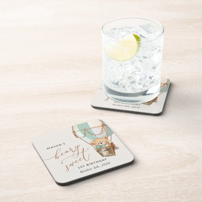 Teddy Bear, Green Hot Air Balloon, First Birthday Coaster (Right Side)