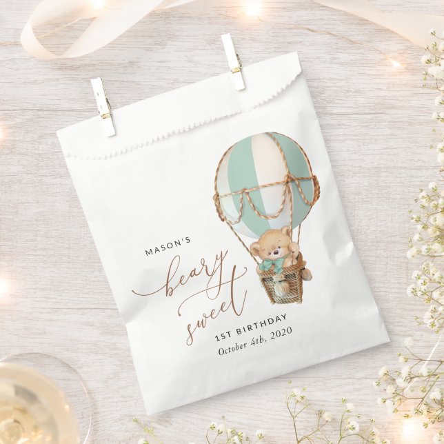 Teddy Bear, Green Hot Air Balloon, First Birthday Favour Bags (Clipped)