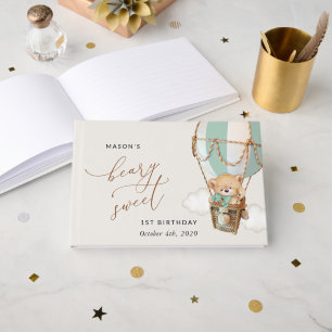 Teddy Bear, Green Hot Air Balloon, First Birthday Guest Book