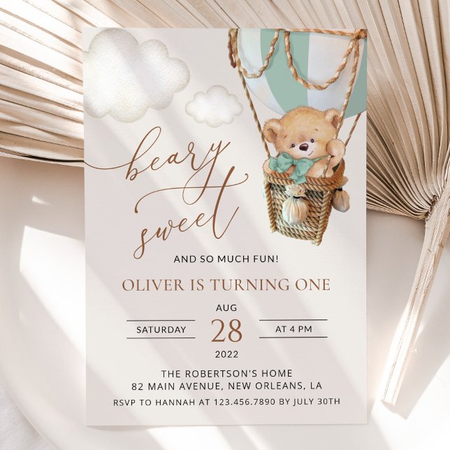 Teddy Bear, Green Hot Air Balloon, First Birthday Invitation (Creator Uploaded)