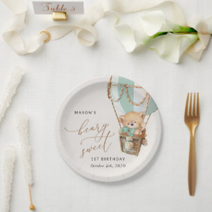 Teddy Bear, Green Hot Air Balloon, First Birthday Paper Plate
