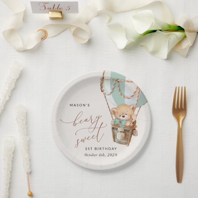Teddy Bear, Green Hot Air Balloon, First Birthday Paper Plate (Wedding)