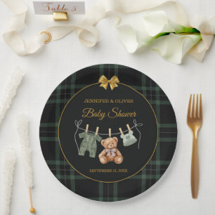 Teddy Bear Green Plaid Baby Shower Paper Plate