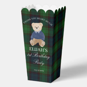 Teddy bear green plaid birthday party favor custom favour box