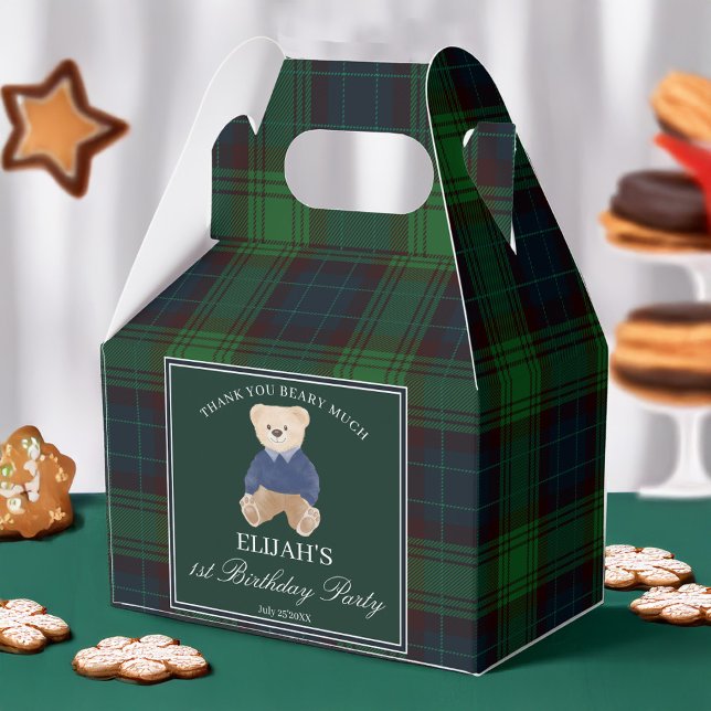 Teddy bear green plaid birthday party favour custo favour box (Polo Teddy bear birthday party favors green plaid personalized favor boxes)