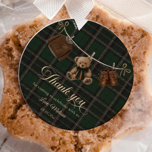 Teddy Bear Green Tartan Baby Shower Classic Round Sticker