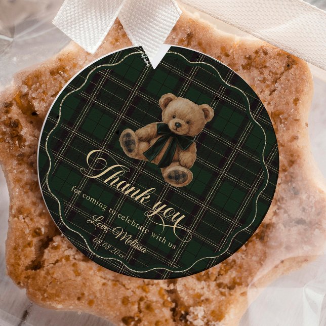 Teddy Bear Green Tartan Baby Shower Classic Round Sticker (teddy bear sticker, green tartan baby shower, preppy baby shower, polo bear style, classic baby show)