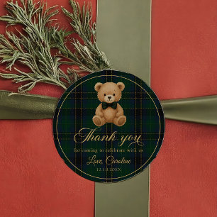 Teddy Bear Green Tartan Baby Shower Sticker