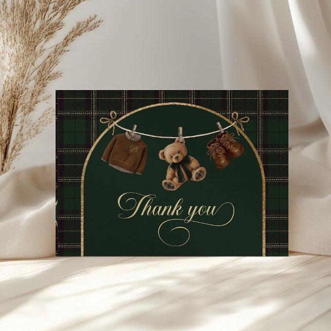 Teddy Bear Green Tartan Baby Shower  Thank You Card (teddy bear baby shower, green tartan baby shower, baby shower thank you card, baby shower printable,)