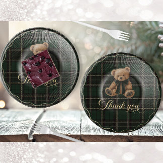 Teddy Bear Green Tartan Paper Plate