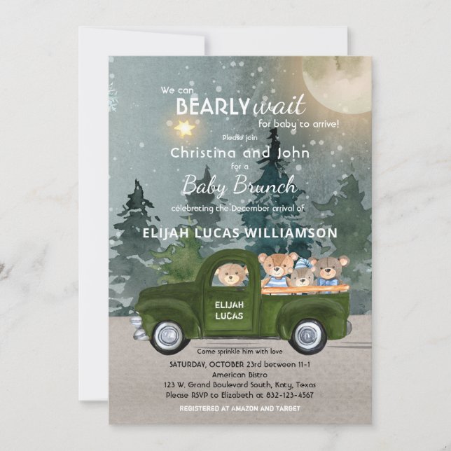 Teddy Bear Green Truck Moon and Forest Baby Shower Invitation (Front)