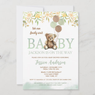 Teddy Bear Green Unisex baby shower invitations