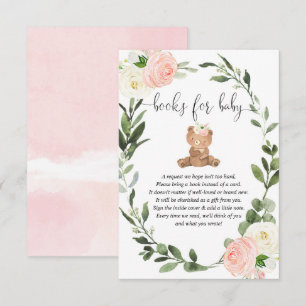 Teddy bear greenery pink floral books baby girl en enclosure card