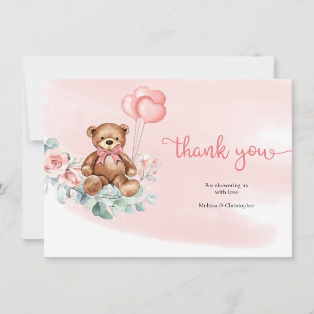 Teddy Bear Greenery Wreath Blush Floral Roses Baby Thank You Card (Front)