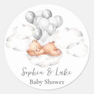 Teddy Bear Grey Balloons Boy Baby Shower Classic Round Sticker