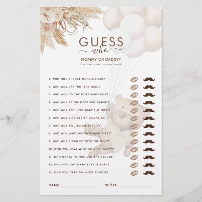 Teddy Bear Guess Who Baby Shower Game (Front)