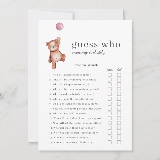 Teddy Bear Guess Who Girl Baby Shower Game  Invitation (Front)
