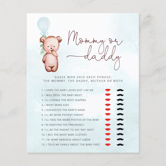 Teddy Bear Guess Who Said It Mummy or Daddy Game (Front)