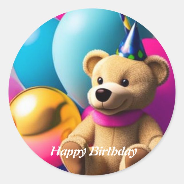Teddy Bear  Happy Birthday Classic Round Sticker  (Front)