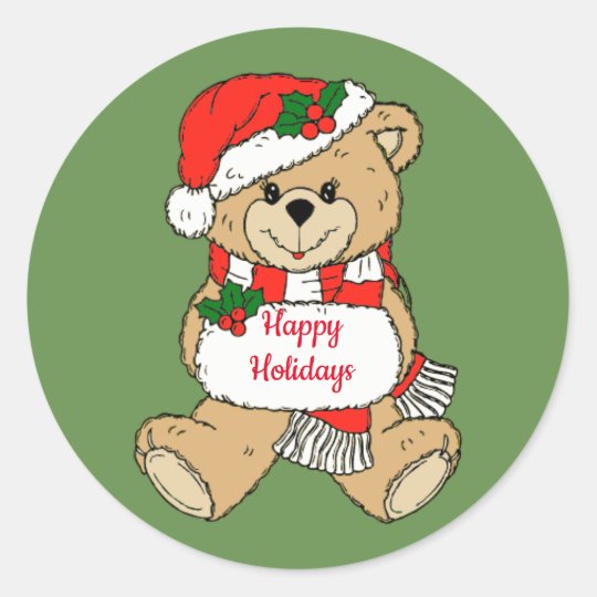 Teddy Bear Happy Holidays Classic Round Sticker | Zazzle.co.uk