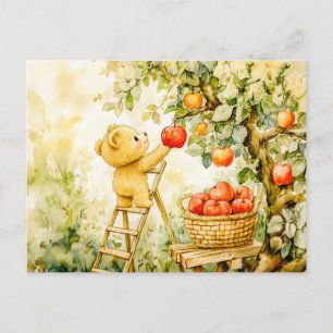 Teddy Bear Harvesting Apples with Ladder Postcard