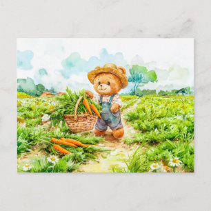 Teddy Bear Harvesting Carrots in a Field Postcard